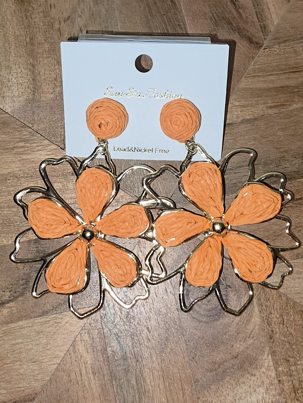 Floral Rafia With Gold-Tone Metal Accents, Drop Earrings, Orange, NWT
